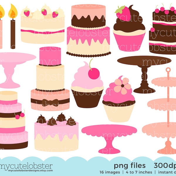 Pretty Cakes & Stands Clipart Set - cakes, stands, cupcakes, candles, cake stand - Instant Download, Personal Use, Commercial Use, PNG