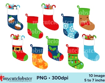Clipart de medias navideñas: conjunto de gráficos de medias festivas, imágenes prediseñadas de calcetines, descarga digital PNG