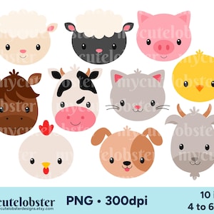 Clipartset boerderijdieren gezichten - dierengezichten, boerenerf, boerderij, koe, kip, geit, kat - Instant Download, persoonlijk gebruik, commercieel gebruik, png