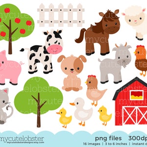 Farm Animals Clipart Set - farm, barn, farmyard animals, sheep, cow, horse, chicken - Instant Download, Personal Use, Commercial Use, PNG