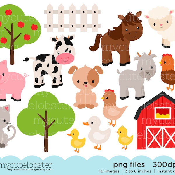 Farm Animals Clipart Set - farm, barn, farmyard animals, sheep, cow, horse, chicken - Instant Download, Personal Use, Commercial Use, PNG