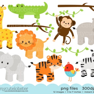 Safari Animals Clipart Set - clip art set of giraffe, tiger, monkey, hippo, crocodile - Instant Download, Personal Use, Commercial Use, PNG