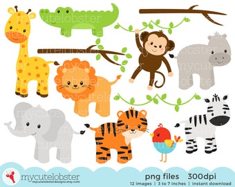 Safari Animals Clipart Set - clip art set of giraffe, tiger, monkey, hippo, crocodile - Instant Download, Personal Use, Commercial Use, PNG