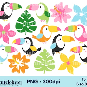 Tukane Clipart - Reihe von Tukanen, süße Tukane, tropische Vögel, Blätter, Clip Art - Sofortiger Download, Kommerzieller Gebrauch, PNG