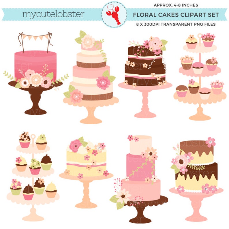 Pretty Floral Cakes Clipart Set clip art set of cakes with Etsy