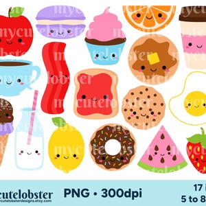 Cute Food Collection Clipart - clip art set of happy food, egg, donut, strawberry - Instant Download, Personal Use, Commercial Use, PNG