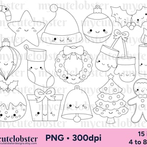 Timbres numériques mignons de Noël - contours mignons de Noël, mitaines, chapeau, houx, dessin au trait - téléchargement immédiat, usage personnel, usage commercial, PNG