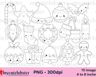 Christmas Digital Stamps - set of happy festive outlines, holiday clip art, PNG Digital Download