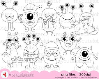 Christmas Monsters Digital Stamps - cute monster line art, monster outlines, Christmas - Instant Download, Personal Use, Commercial Use, PNG
