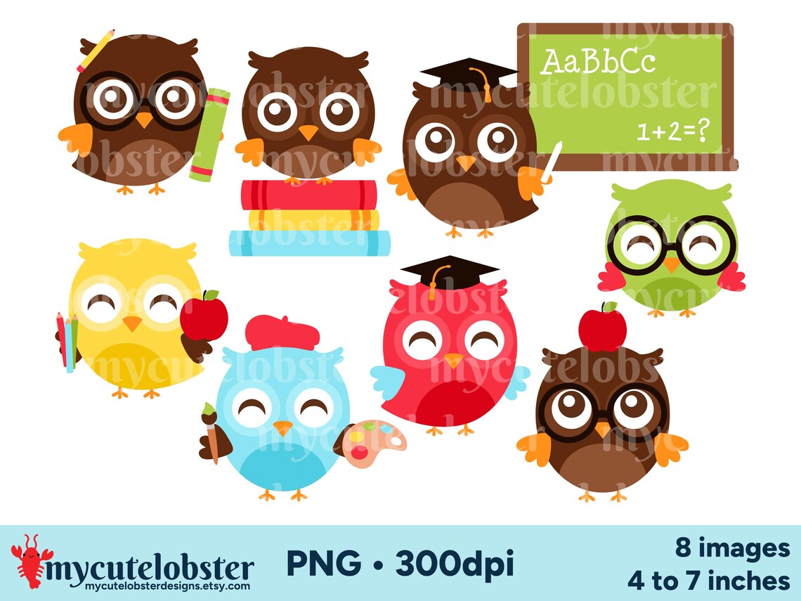 School Owls Clipart - Set of Happy Owl Graphics, Animal Clip Art, PNG ...