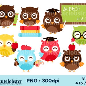 School Owls Clipart, Cute Owls Clipart, Owls PNG, School Clipart, Cute Animals Clipart, Teacher Clipart, Personal Use, Commercial Use