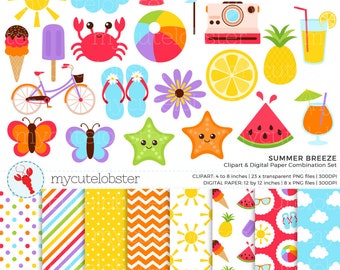 Imágenes prediseñadas de verano: conjunto de imágenes prediseñadas de playa y papel digital, descarga digital PNG.