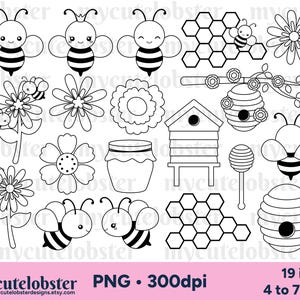 Sellos digitales de abejas: lindos contornos de abejas, arte lineal, colmena, panal, juego de sellos digitales: descarga instantánea, uso personal, uso comercial, PNG