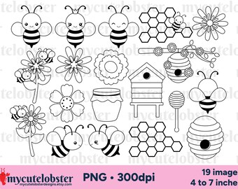 Bee Digital Stamps - clipart set of bumblebee outlines, beehive PNG Digital Download