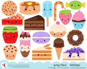 Cute Sweet Food Collection Clipart - happy food clip art set, dessert, cakes, candy - Instant Download, Personal Use, Commercial Use, PNG