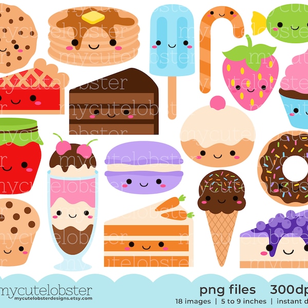 Cute Sweet Food Collection Clipart - happy food clip art set, dessert, cakes, candy - Instant Download, Personal Use, Commercial Use, PNG