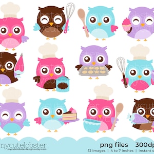 Conjunto de clipart de corujas assando - conjunto de clipart de corujas fofas assando, batedor, corujas chef, cupcake - Download instantâneo, uso pessoal, uso comercial, PNG
