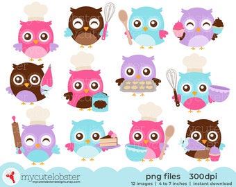 Baking Owls Clipart Set - clip art set of cute owls baking, whisk, chef owls, cupcake - Instant Download, Personal Use, Commercial Use, PNG
