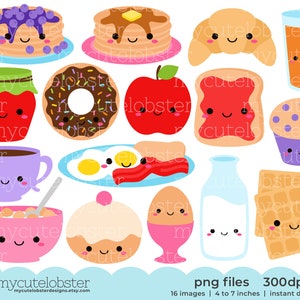 Cute Breakfast Food Clipart - set of happy food, toast, donut, cereal, pancakes, milk - Instant Download, Personal Use, Commercial Use, PNG