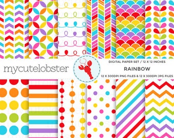 Rainbow Digital Paper Set - stripe, polka, chevron, arrow, scallop, rainbow, patterns - Instant Download, Personal Use, Commercial Use, PNG