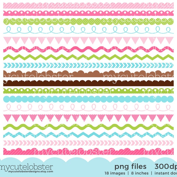 Borders Clipart Set - assorted borders clip art, scallop, ric rac, pennant, zig zag - Instant Download, Personal Use, Commercial Use, PNG