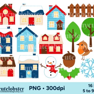 Winter Houses Clipart - set of winter houses, cute houses, buildings clip art, trees - Instant Download, Personal Use, Commercial Use, PNG