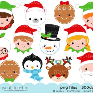 Christmas Faces Clipart - set of festive faces, cute faces, santa, elf, reindeer - Instant Download, Personal Use, Commercial Use, PNG