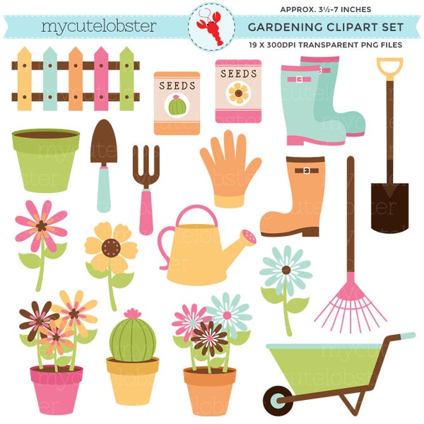 Gardening Clipart Set - garden, flowers, clip art, wheelbarrow, rake, boots, seeds - Instant Download, Personal Use, Commercial Use, PNG