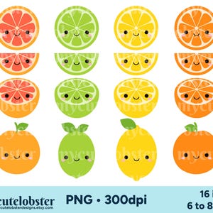 May include: 16 digital images of cute cartoon fruit with smiling faces. The fruit includes limes, lemons, oranges, and grapefruits. The images are 6 to 8 inches in size and 300 dpi.