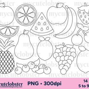 Tampons numériques fruits - dessin au trait alimentaire, contours, citron, ananas, fruits - téléchargement immédiat, usage personnel, usage commercial, PNG
