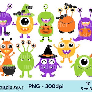 Halloween Monsters Clipart - süße Monster Clip Art, Halloween Clipart-Set, Monster - Sofortiger Download, Kommerzieller Gebrauch, PNG
