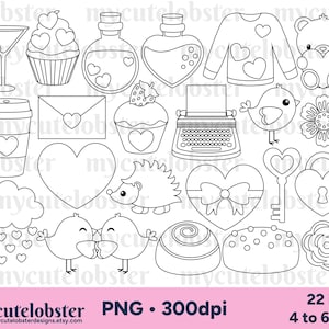 バレンタインのデジタルスタンプ - デジスタンプセット、ロマンス、愛、バレンタインデーのラインアート - 即時ダウンロード、個人使用、商用利用、PNG