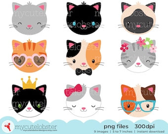 Fun Cat Faces Clipart - cute cats clip art set, grey cat, black cat, siamese, kittens - Instant Download, Personal Use, Commercial Use, PNG