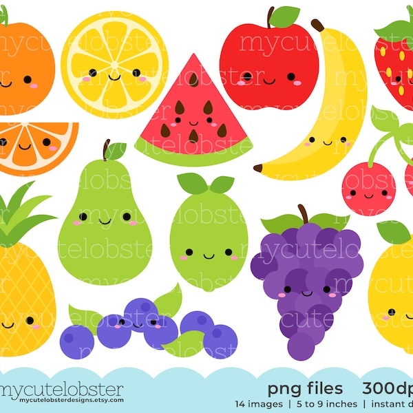 Cute Fruit Clipart - conjunto de imágenes prediseñadas de naranja, manzana, plátano, fruta, imágenes prediseñadas de comida feliz - Descarga instantánea, uso personal, uso comercial, PNG
