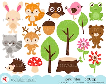 Forest Friends Clipart Set - clip art set of animals, fox, hedgehog, forest, trees - Instant Download, Personal Use, Commercial Use, PNG