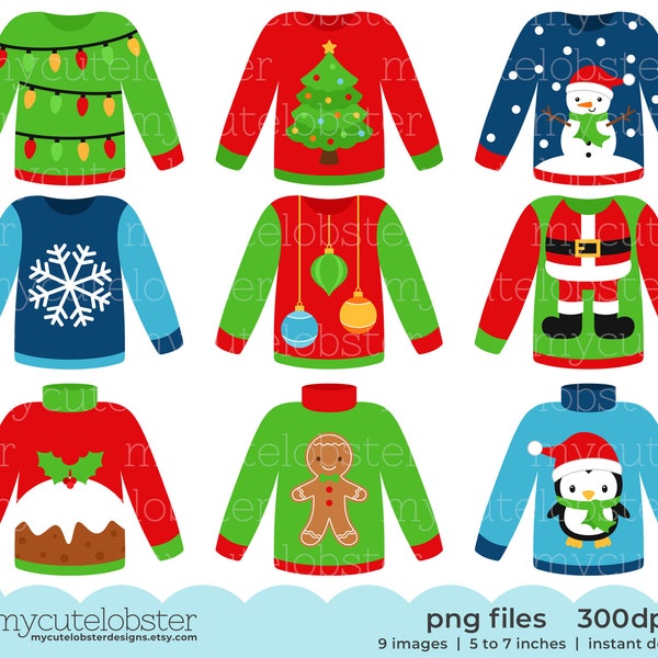 Christmas Sweaters Clipart - fun festive sweaters, ugly Christmas jumpers, clip art - Instant Download, Personal Use, Commercial Use, PNG