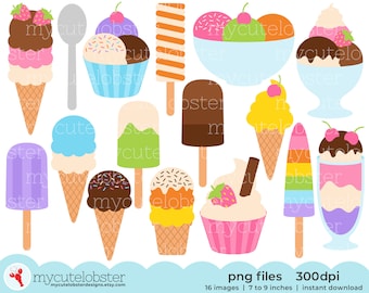 Ice Cream Clipart - set of ice cream cones, ice lolly, sundaes, food clip art set - Instant Download, Personal Use, Commercial Use, PNG