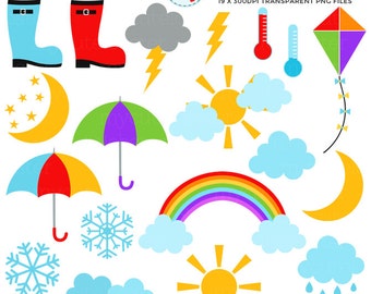 Weather Clipart Set - clip art set of sun, clouds, rain, umbrella, snow, lightning - Instant Download, Personal Use, Commercial Use, PNG