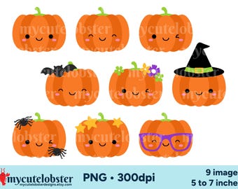 May include: Nine digital illustrations of orange pumpkins with various facial expressions and accessories. The pumpkins have smiling faces, winking eyes, and some have a bat, flowers, a witch's hat, stars, and glasses.