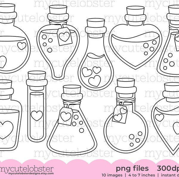 Sellos digitales de pociones de San Valentín - arte lineal de botellas de poción, sellos digi, poción de amor - Descarga instantánea, uso personal, uso comercial, PNG