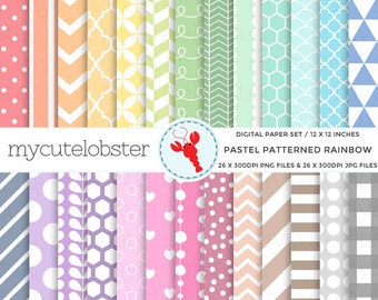 Pastel Patterned Rainbow Digital Paper Set - polka, stripe, chevron, scallop, hearts - Instant Download, Personal Use, Commercial Use, PNG