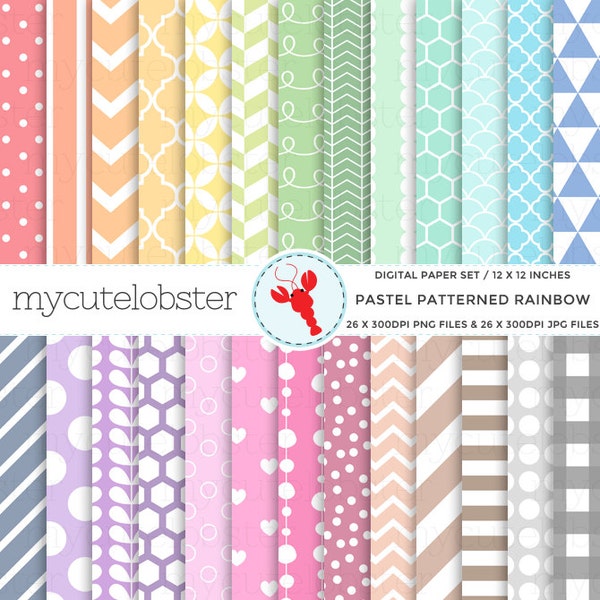 Pastel Patterned Rainbow Digital Paper Set - polka, stripe, chevron, scallop, hearts - Instant Download, Personal Use, Commercial Use, PNG