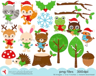 Christmas Festive Forest Clipart - set of Christmas forest animals, woodland clip art - Instant Download, Personal Use, Commercial Use, PNG