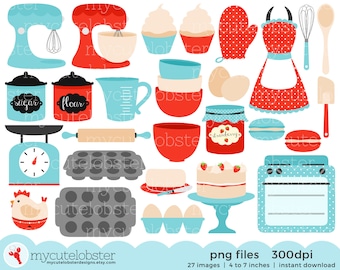 Retro Baking Clipart - vintage baking, retro kitchen, red & blue clip art, baking - Instant Download, Personal Use, Commercial Use, PNG