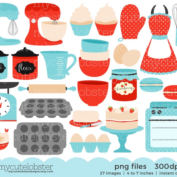 Retro Baking Clipart - vintage baking, retro kitchen, red & blue clip art, baking - Instant Download, Personal Use, Commercial Use, PNG