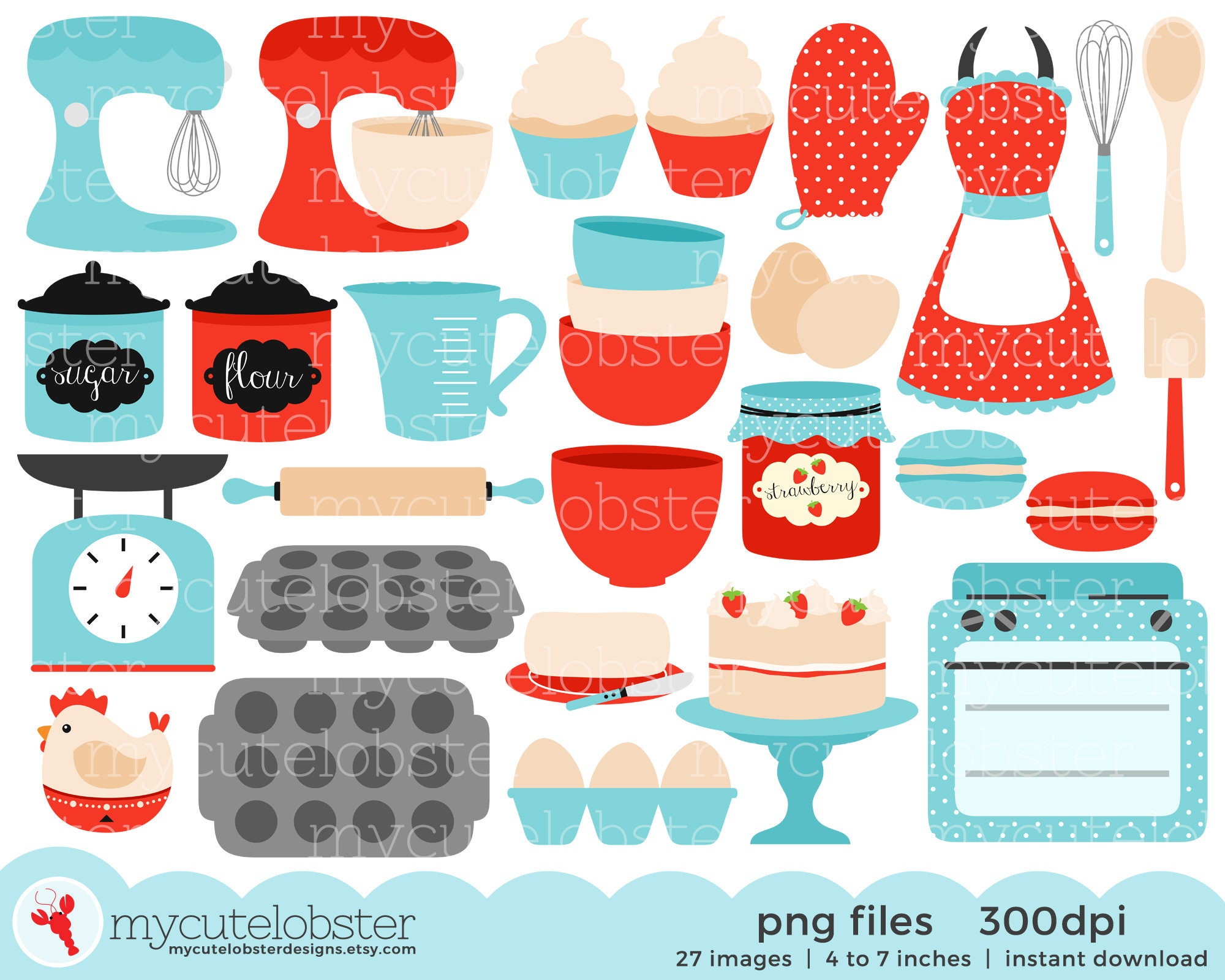 Vintage Baking Clipart Set retro kitchen red and blue clip Etsy