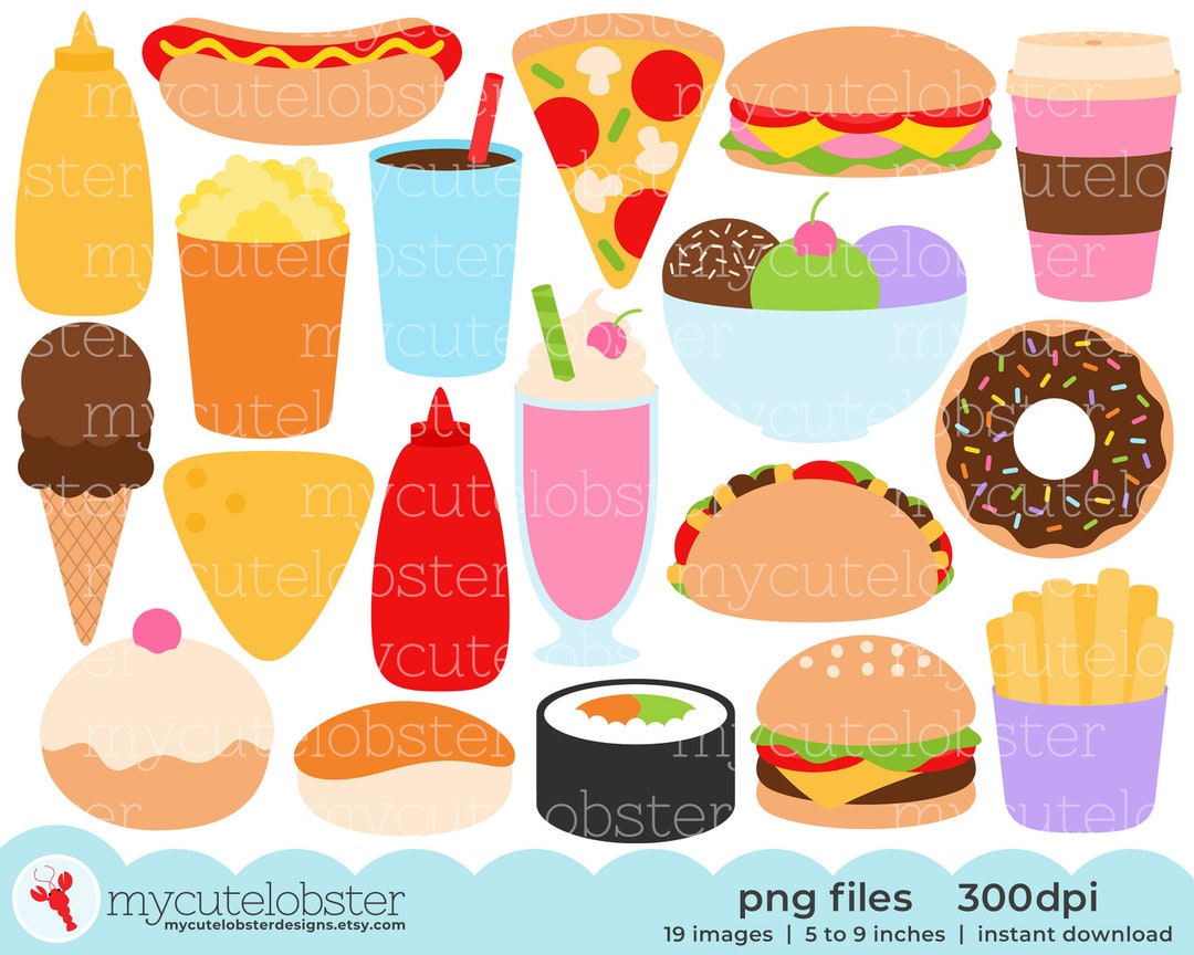 Fast Food Clipart Set of Food, Burger, Sushi, Fries, Donuts, Popcorn
