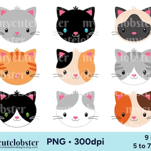 Cat Faces Clipart, Animals Clipart, Cute Cats Clipart, Cat PNG, Cute Animals PNG, Kitten Clipart, Cats Clipart, Personal Use, Commercial Use