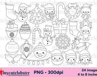 Christmas Digital Stamps - festive outlines clipart, holiday lineart, PNG Digital Download