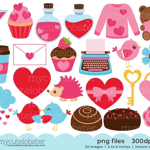 Valentinstag Clipart - Liebe, Herzen, Romantik, Valentinstag Clip Art Set, Vögel, Bär - Instant Download, persönlichen Gebrauch, kommerzielle Nutzung, PNG